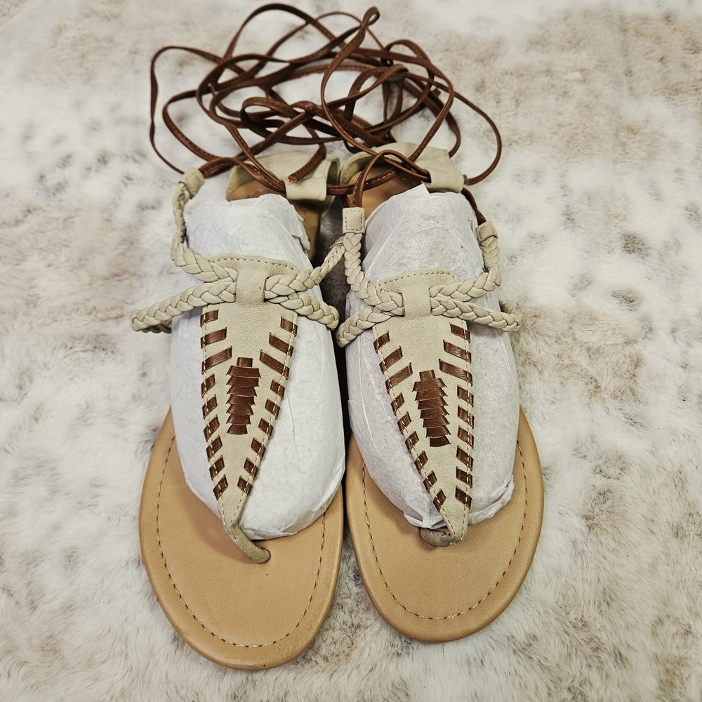 Maurices Beige Braided Lace Up Gladiator Sandals 8 Boho Festival Summer Flat
